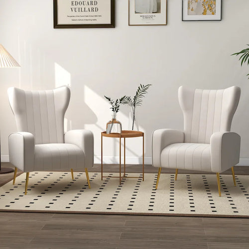 Lot de 2 fauteuils d'appoint en velours à oreilles avec pieds en métal pour salon