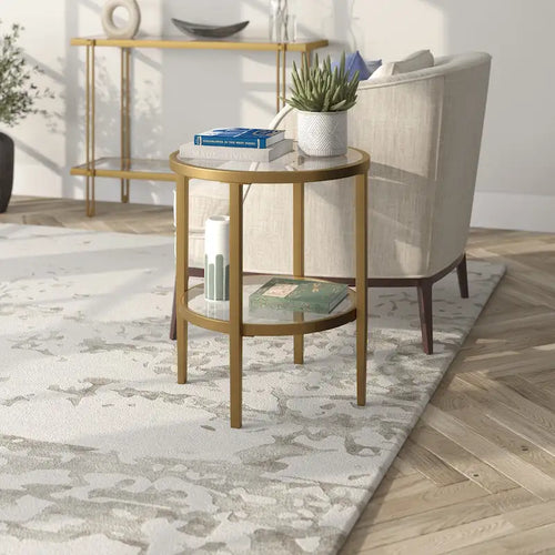 Table d'appoint ronde de 49,86 cm de large avec étagère en verre transparent